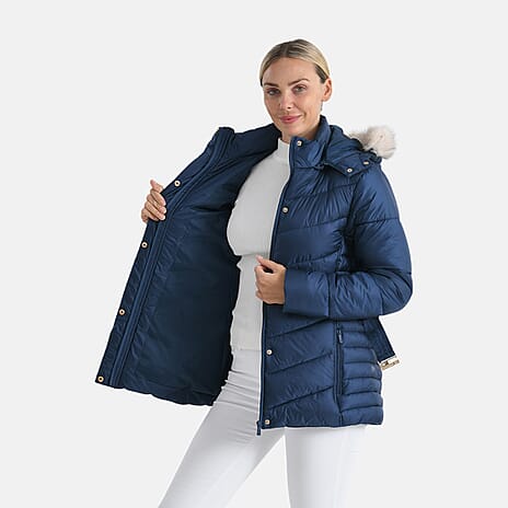 Valissiere Ladies Belted Water-Windproof Puffer Jacket with Detatchable Fur Trim Hood (Size M) - Navy