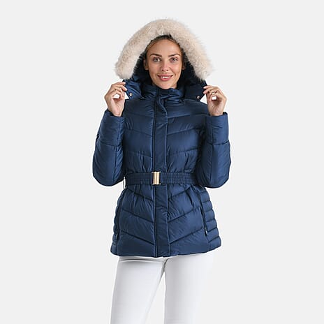 Valissiere Ladies Belted Water-Windproof Puffer Jacket with Detatchable Fur Trim Hood (Size M) - Navy