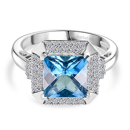 London Blue Topaz & Lab Grown Diamond Ring in Rhodium Overlay Sterling Silver 3.39 Ct.