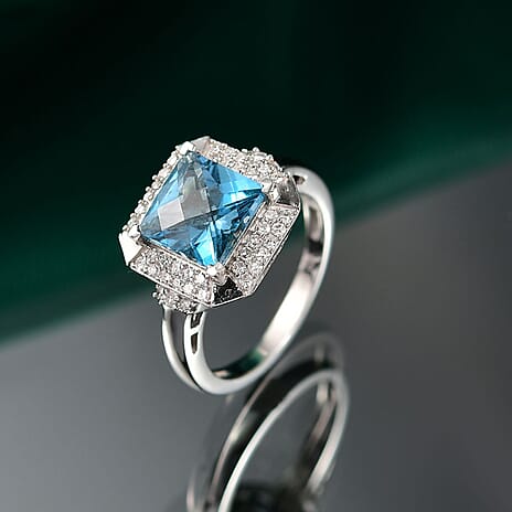 London Blue Topaz & Lab Grown Diamond Ring in Rhodium Overlay Sterling Silver 3.39 Ct.