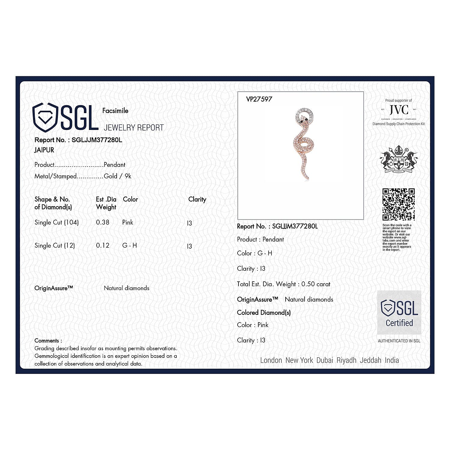 Biggest Designer JCK Closeout- 9K Rose Gold SGL Certified Natural Pink Diamond and White Diamond Pendant 0.50 Ct.