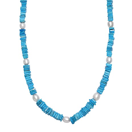 Vegas Find- Turquoise & Fresh Water Pearl Necklace (Size - 18-2 Ext) with Lobster Clasp in Rhodium Overlay Sterling Silver 104.00 Ct.