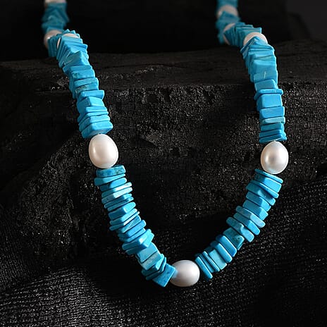 Vegas Find- Turquoise & Fresh Water Pearl Necklace (Size - 18-2 Ext) with Lobster Clasp in Rhodium Overlay Sterling Silver 104.00 Ct.
