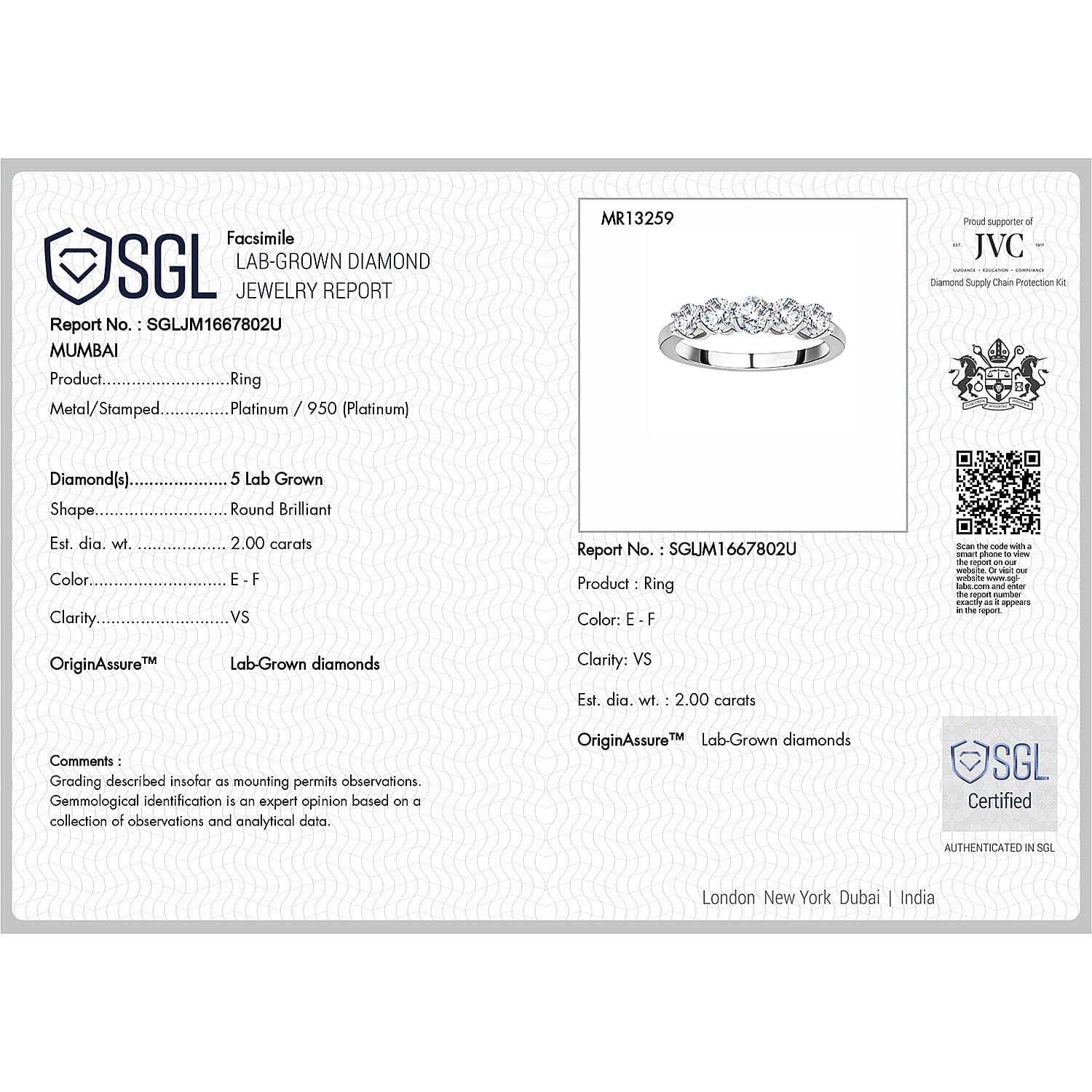 Luxuriant 950 Platinum Lab Grown SGL Certified Diamond (VS-EF) Ring 2.00 Ct. Luxuriant 950 Platinum Lab Grown SGL Certified Diamond (VS-EF) Ring 2.00 Ct.