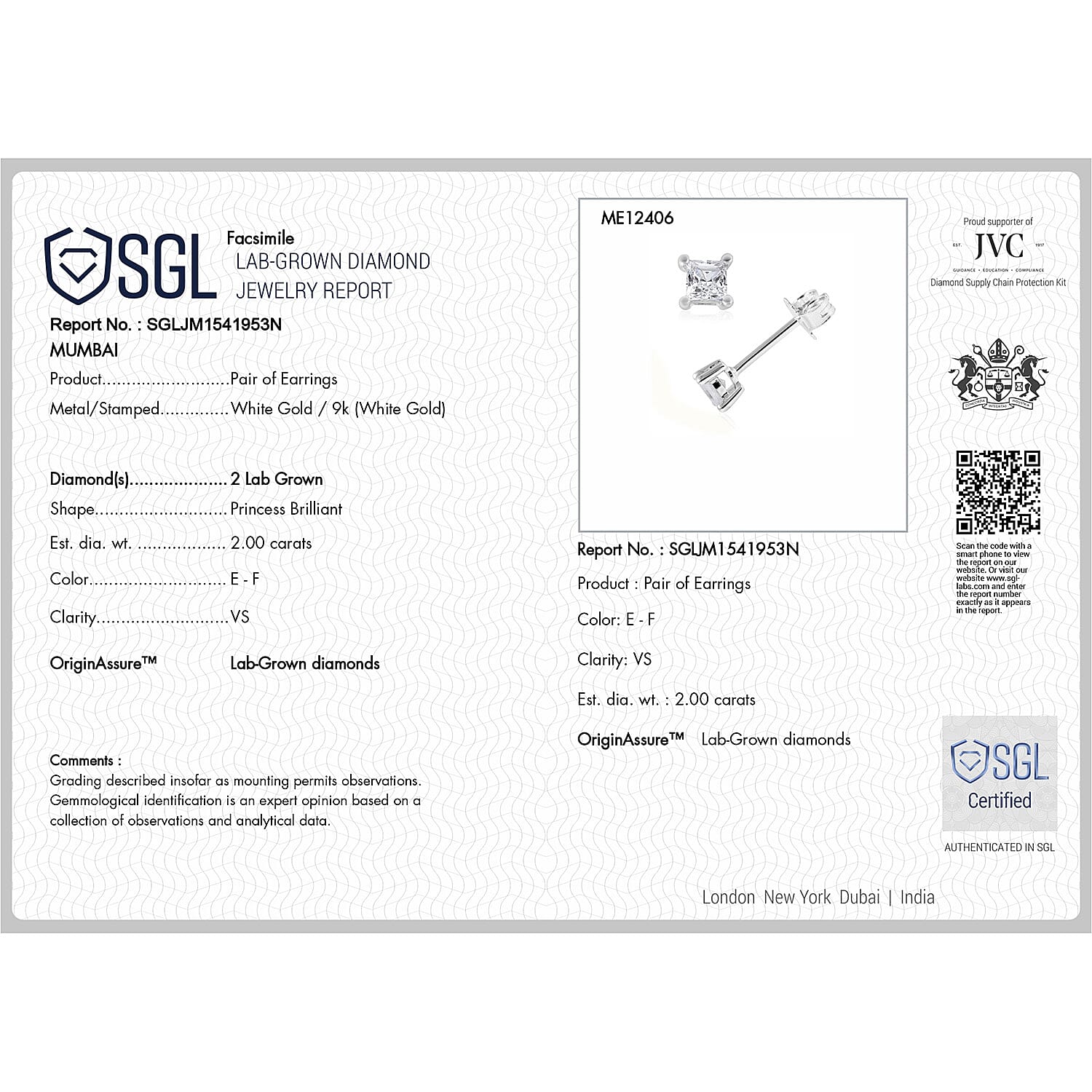 Luxuriant 9K Gold SGL Cerified Lab Grown Diamond (VS-E-F) Earring with Push Back