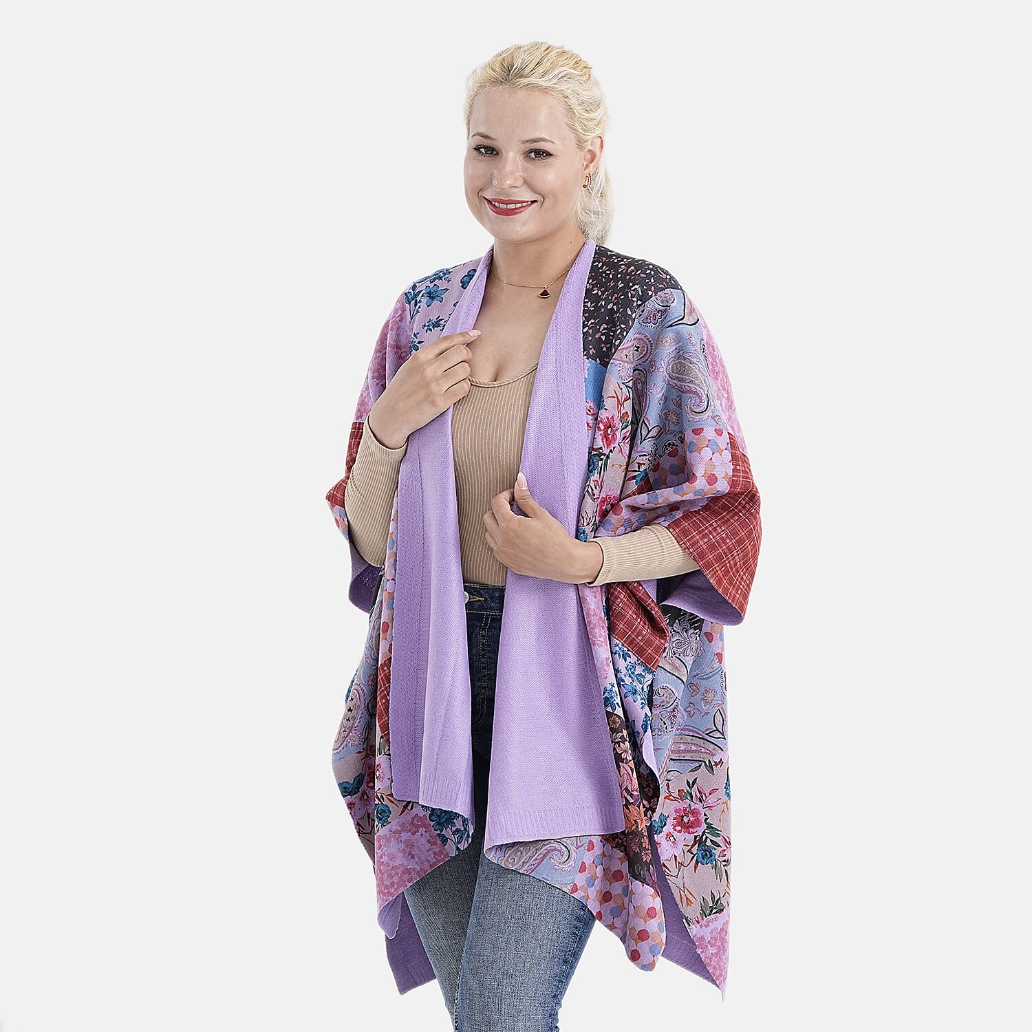 La Marey Patchwork Pattern Shawl (One Size) - Purple