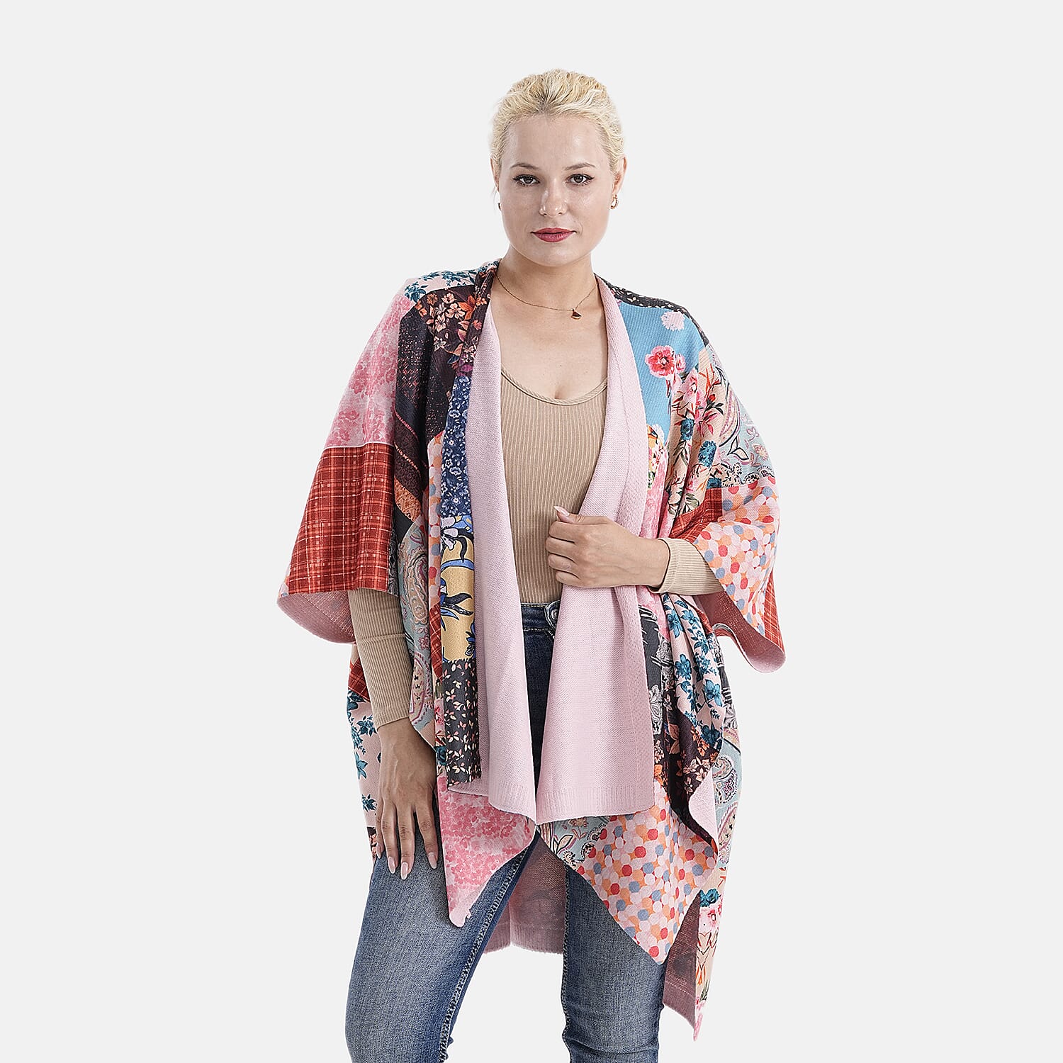 La Marey Patchwork Pattern Shawl (One Size) - Pink