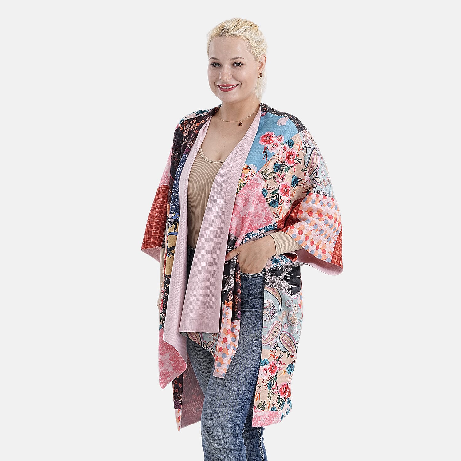 La Marey Patchwork Pattern Shawl (One Size) - Pink