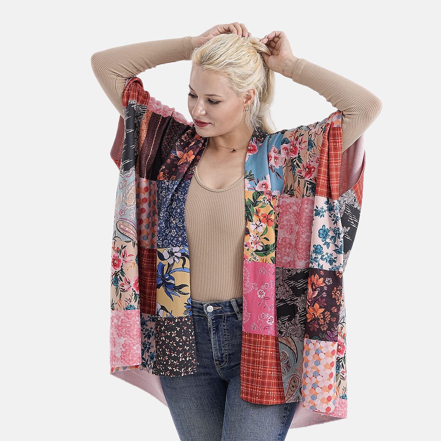 La Marey Patchwork Pattern Shawl (One Size) - Pink