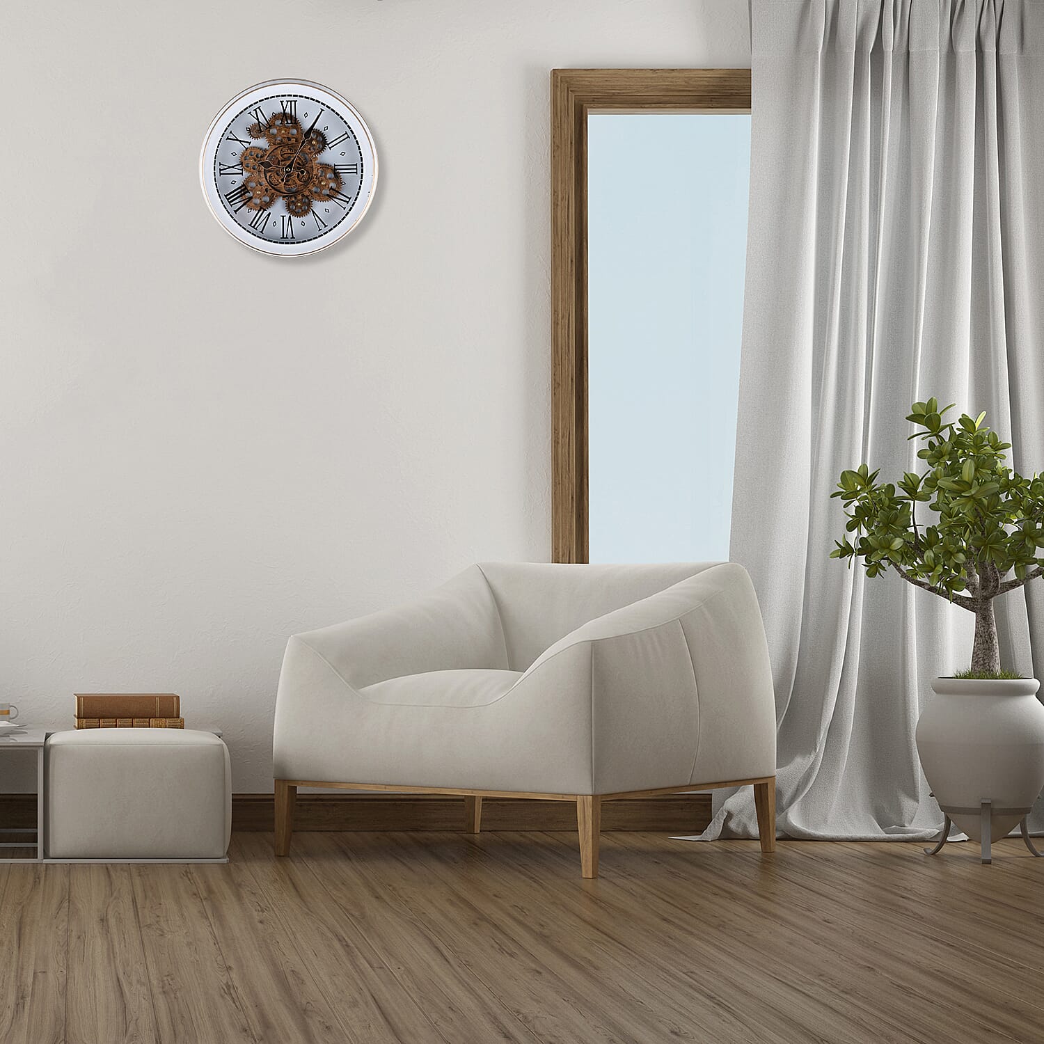 Retro Gear Wall Clock with Roman Numerals - White