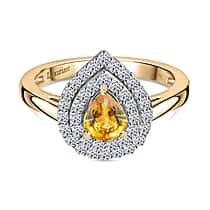 9K Yellow Gold AAA Chantaburi Yellow Sapphire, Lab Grown Diamond Double Halo Ring 1.03 Ct. (SI-GH)