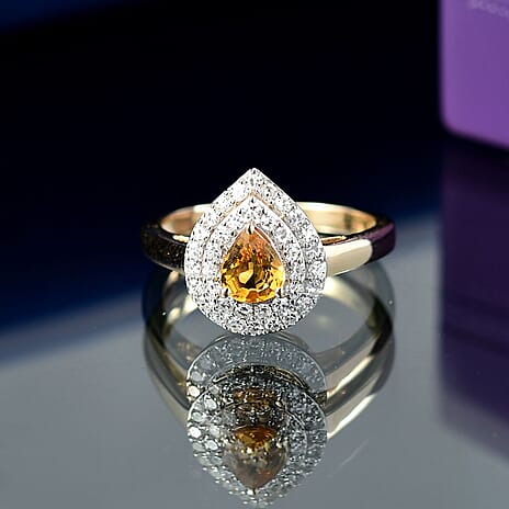 Luxuriant 9K Yellow Gold AAA Yellow Sapphire & Lab Grown Diamond (SI-G-H) Ring 1.04 Ct.