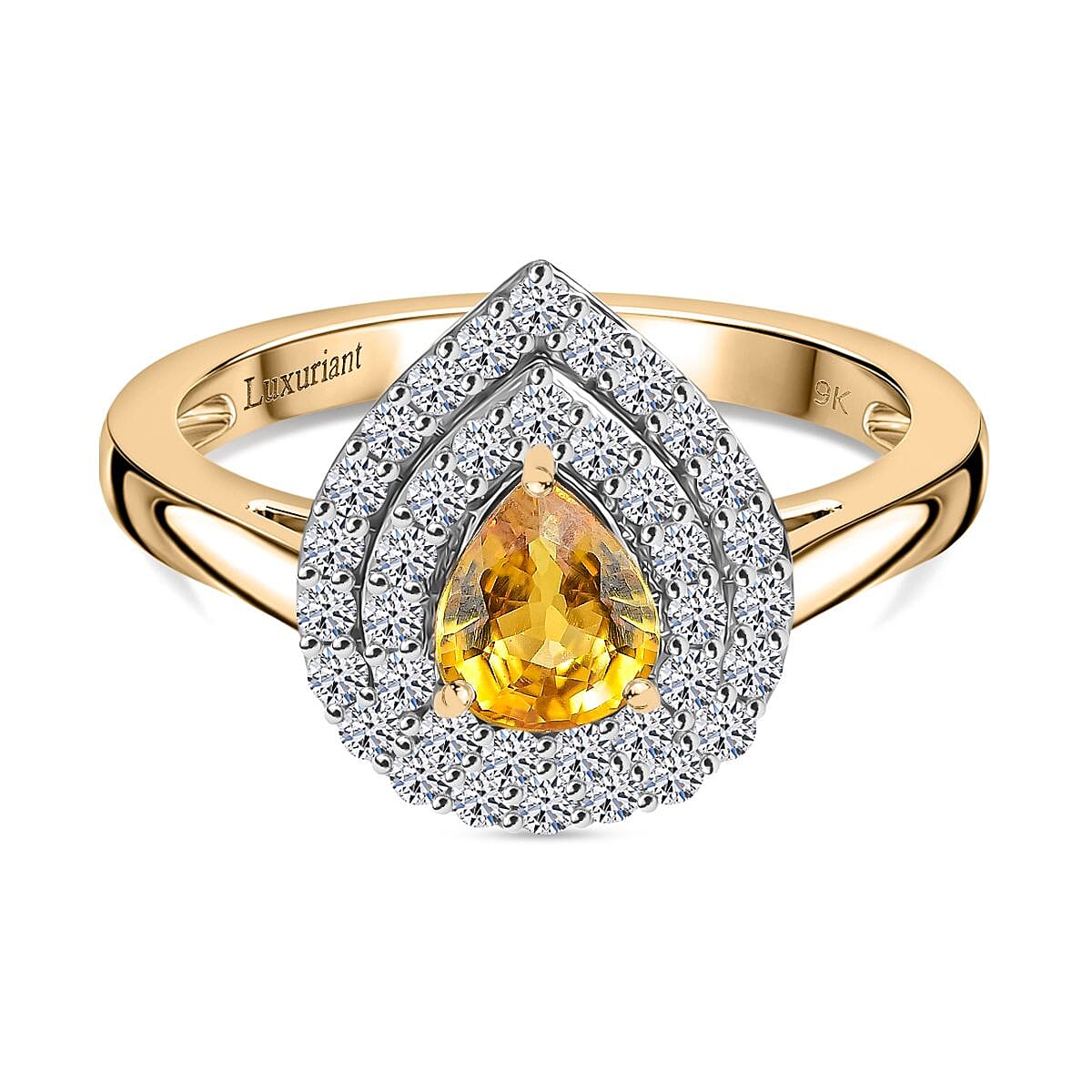 9K Yellow Gold AAA Chantaburi Yellow Sapphire, Lab Grown Diamond Double Halo Ring 1.03 Ct. (SI-GH)
