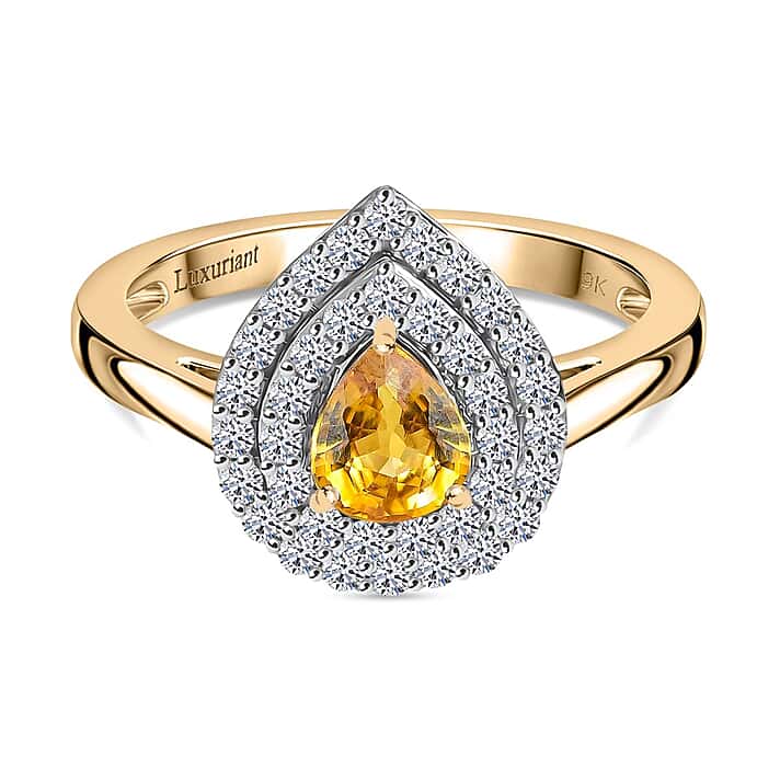 9K Yellow Gold AAA Chantaburi Yellow Sapphire, Lab Grown Diamond Double Halo Ring 1.03 Ct. (SI-GH)