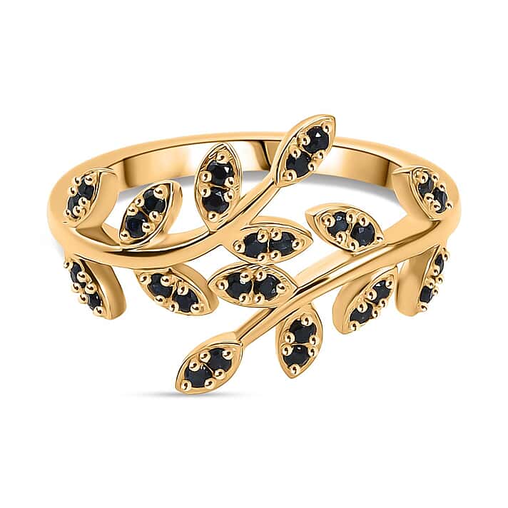 D'joy Blue Sapphire Leafy Bypass Ring in 18K Vermeil Yellow Gold Sterling Silver