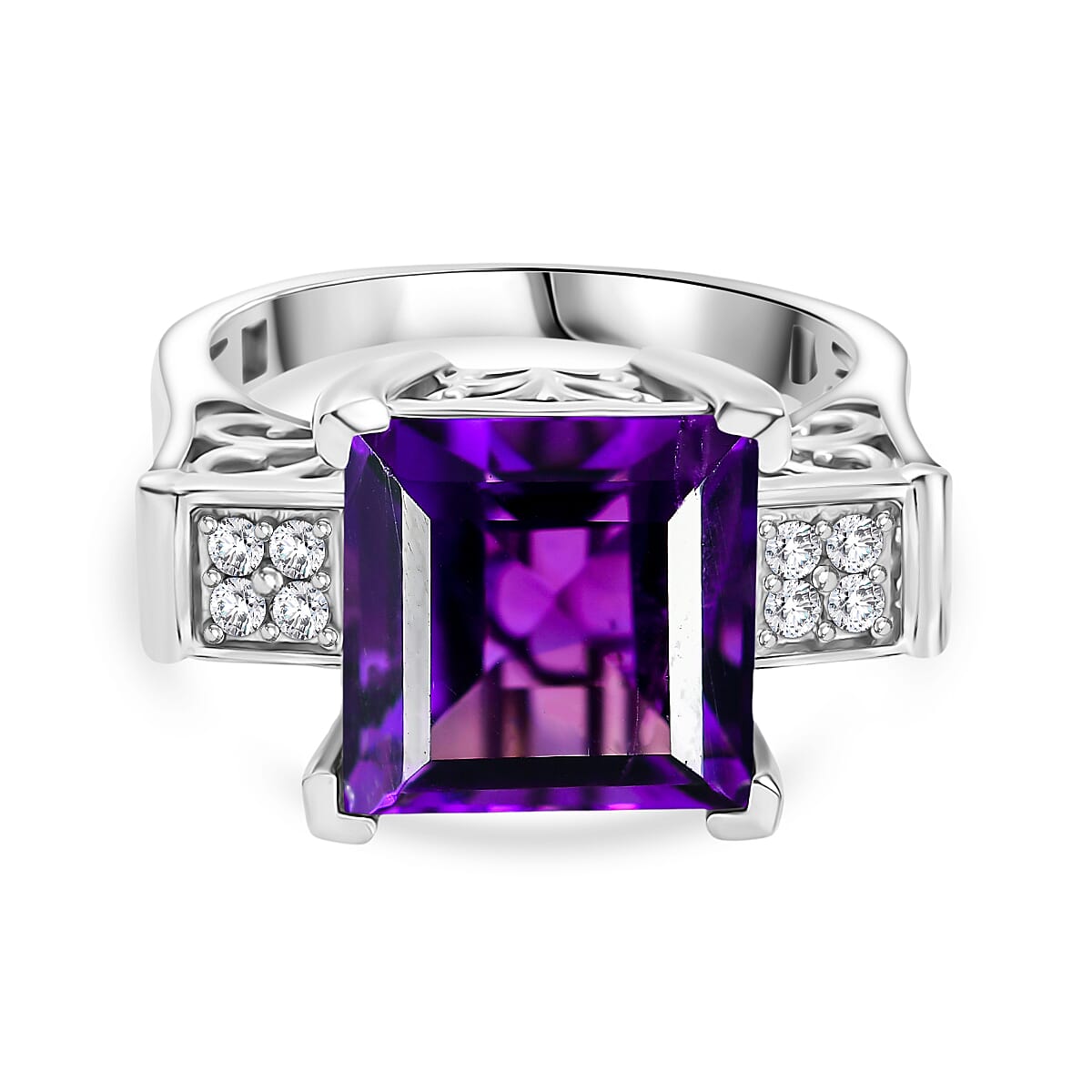 African Amethyst & White Zircon Solitaire Ring in Rhodium Overlay Sterling Silver 5.16 Ct.