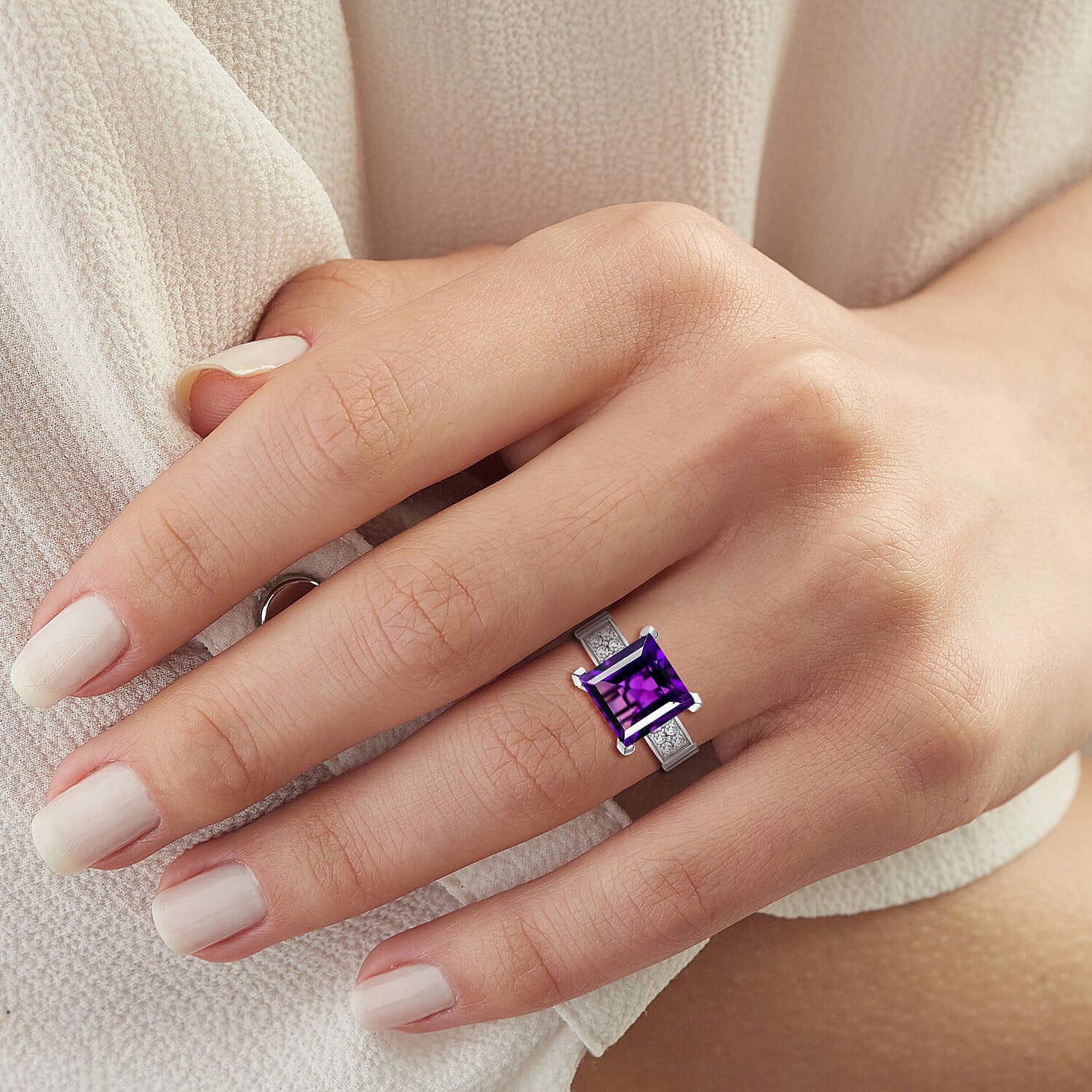 African Amethyst & White Zircon Solitaire Ring in Rhodium Overlay Sterling Silver 5.16 Ct.