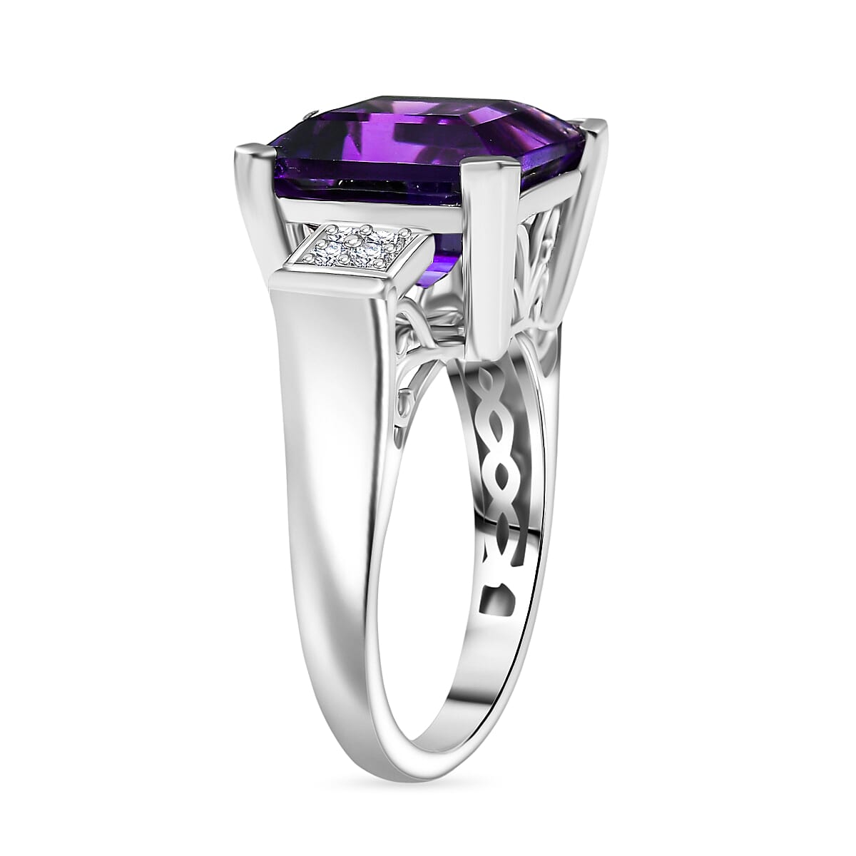 African Amethyst & White Zircon Solitaire Ring in Rhodium Overlay Sterling Silver 5.16 Ct.