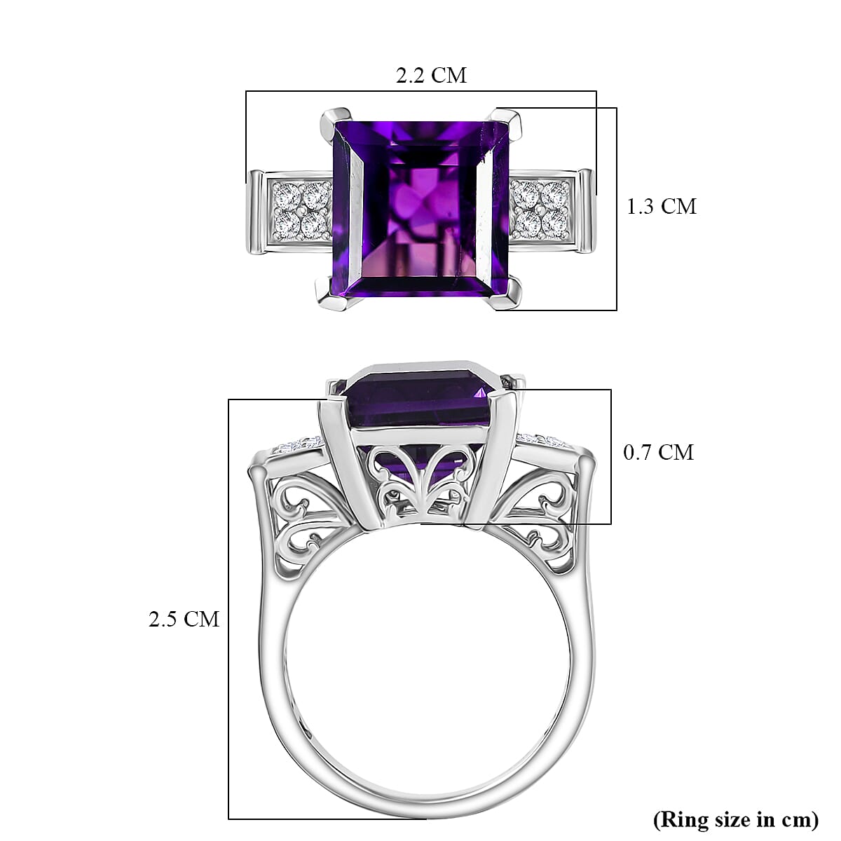 African Amethyst & White Zircon Solitaire Ring in Rhodium Overlay Sterling Silver 5.16 Ct.