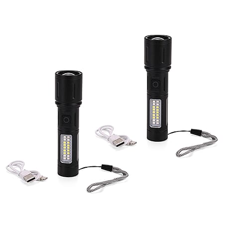 LIVMORE Set of 2 Rechargable Power Beam LED Flashlights - Waterproof, 800 Lumens in Case - Black