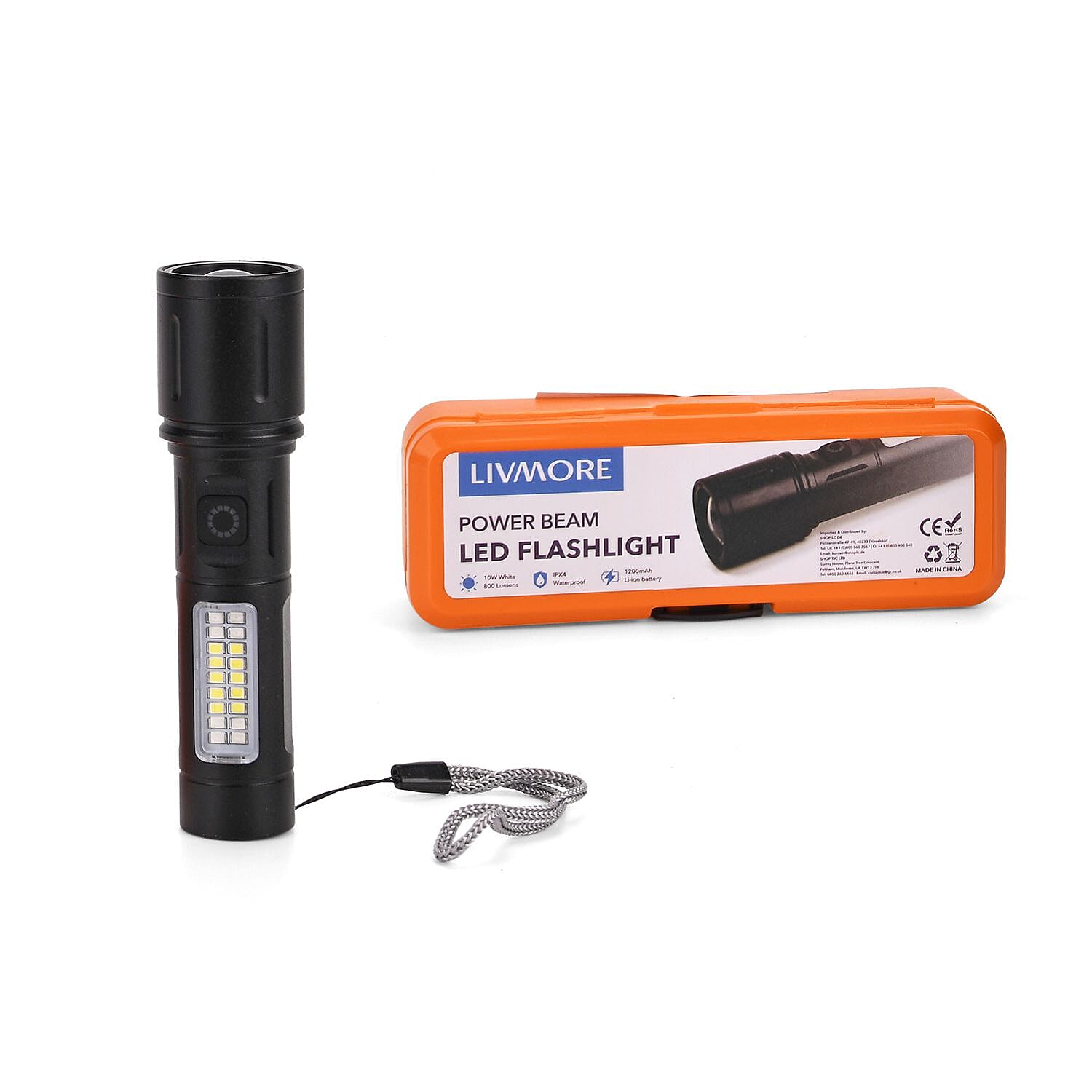 LIVMORE Set of 2 Rechargable Power Beam LED Flashlights - Waterproof, 800 Lumens in Case - Black
