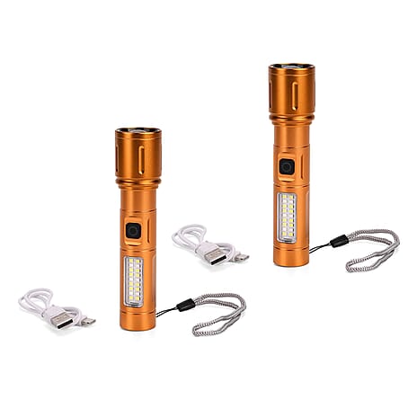 LIVMORE Set of 2 Rechargable Power Beam LED Flashlights - Waterproof, 800 Lumens in Case - Gold