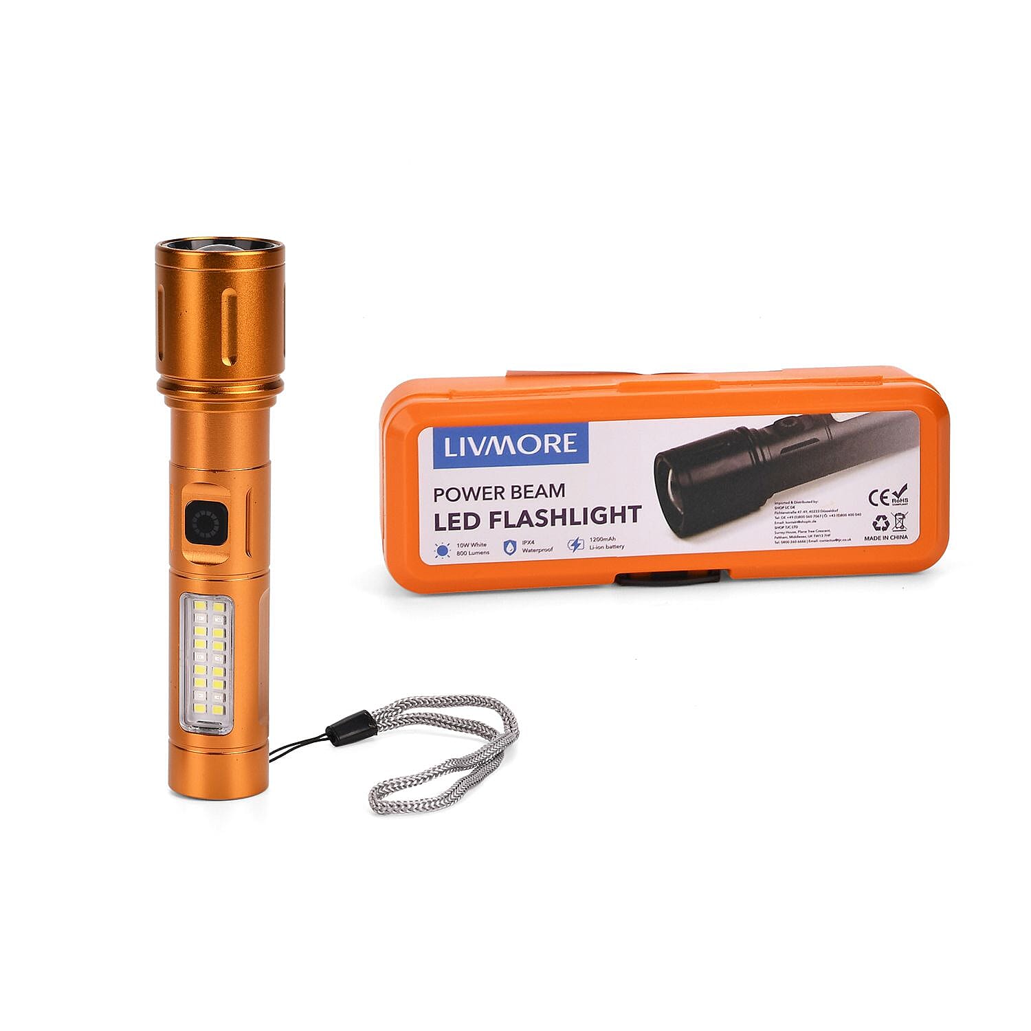 LIVMORE Set of 2 Rechargable Power Beam LED Flashlights - Waterproof, 800 Lumens in Case - Gold