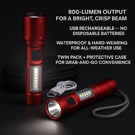 LIVMORE Set of 2 Rechargable Power Beam LED Flashlights - Waterproof, 800 Lumens in Case - Red