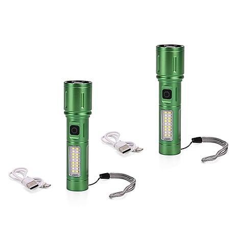 LIVMORE Set of 2 Rechargable Power Beam LED Flashlights - Waterproof, 800 Lumens in Case - Green