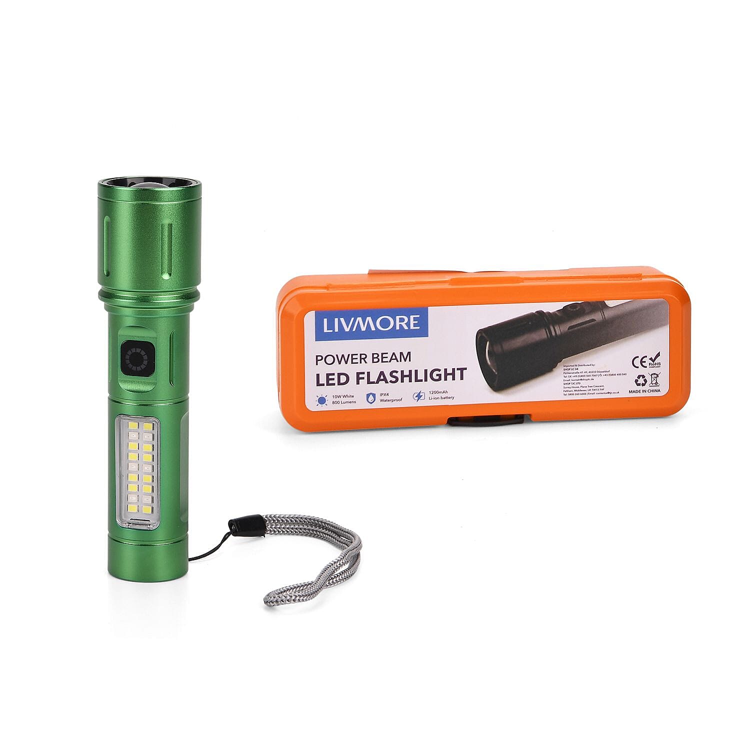 LIVMORE Set of 2 Rechargable Power Beam LED Flashlights - Waterproof, 800 Lumens in Case - Green