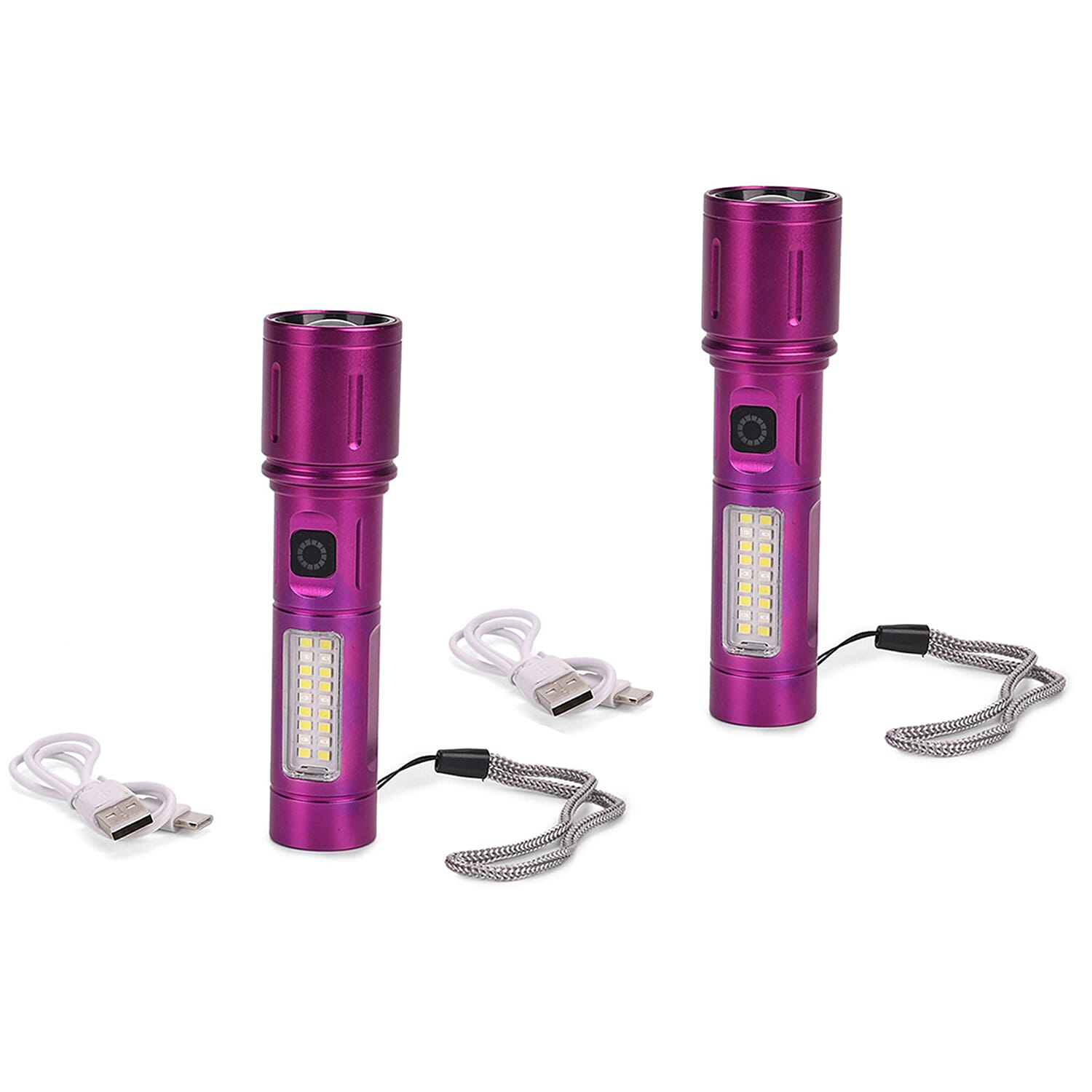 LIVMORE Set of 2 Rechargable Power Beam LED Flashlights - Waterproof, 800 Lumens in Case - Purple