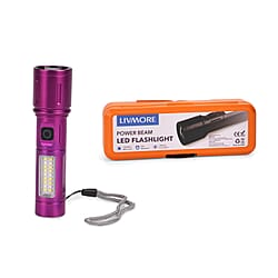 LIVMORE Set of 2 Rechargable Power Beam LED Flashlights - Waterproof, 800 Lumens in Case - Purple
