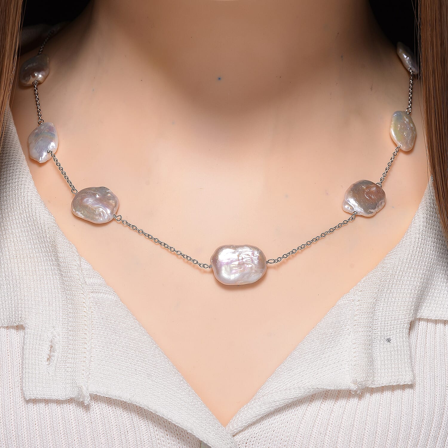 Keshi Pearl Necklace (Size - 30) with Lobster Clasp in Rhodium Overlay Sterling Silver