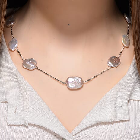 Keshi Pearl Necklace (Size - 30) with Lobster Clasp in Rhodium Overlay Sterling Silver