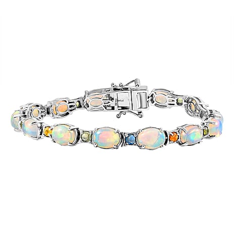 AAA Ethiopian Opal and  Multi Sapphire Bracelet (Size - 7)  in  Sterling Silver 12.94 Ct,