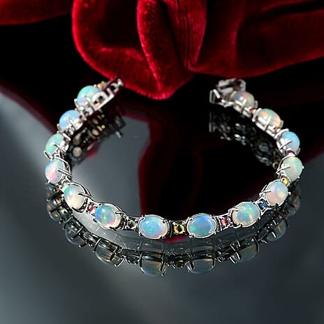 AAA Ethiopian Opal and  Multi Sapphire Bracelet (Size - 7)  in  Sterling Silver 12.94 Ct,