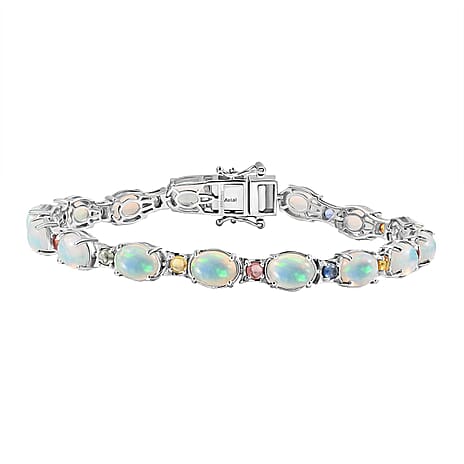 AAA Ethiopian Opal and  Multi Sapphire Bracelet (Size - 8)  in  Sterling Silver 14.84 Ct,