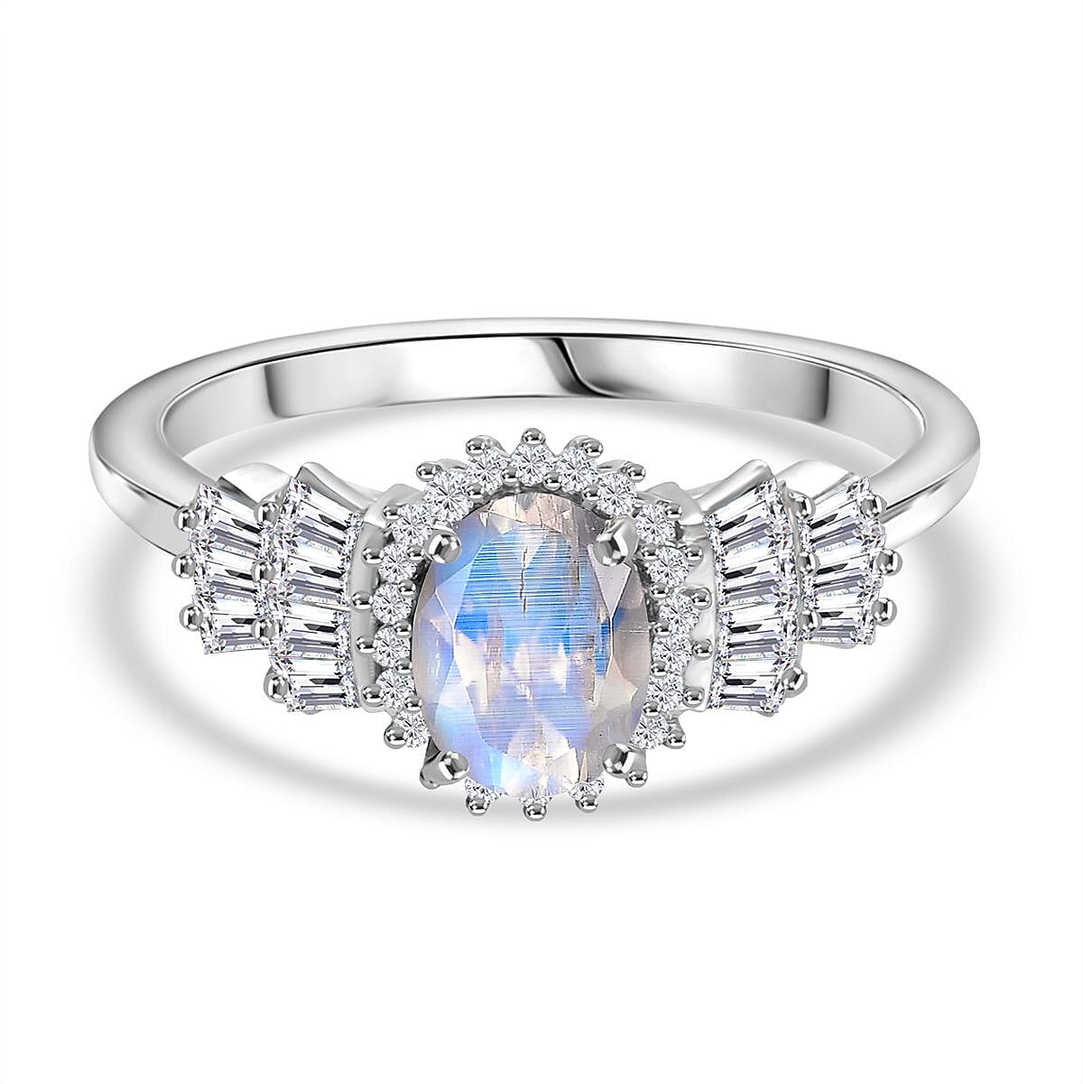 D'joy Rainbow Moonstone & White Zircon Ring in Rhodium Overlay Sterling Silver 2.08 Ct.