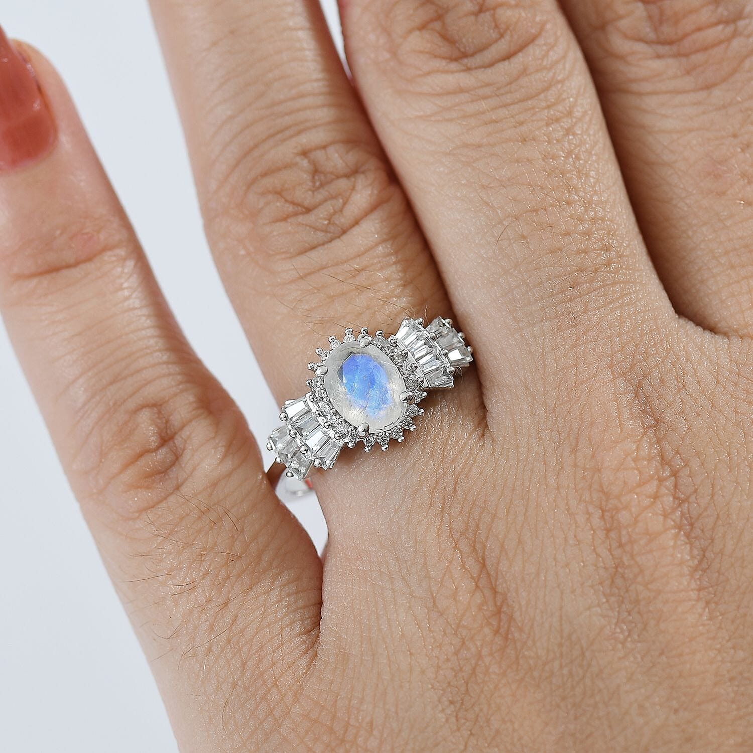 D'joy Rainbow Moonstone & White Zircon Ring in Rhodium Overlay Sterling Silver 2.08 Ct.