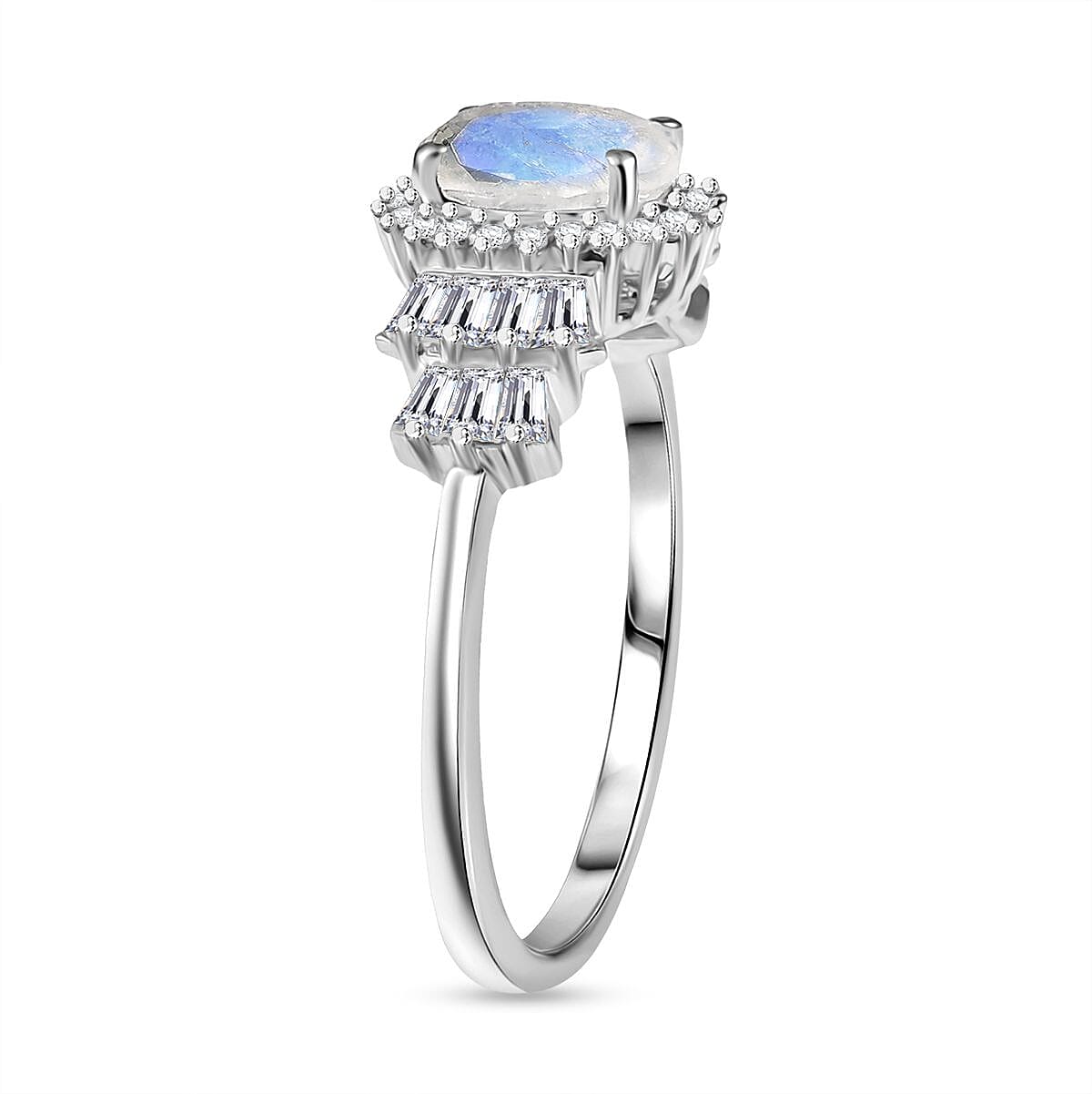 D'joy Rainbow Moonstone & White Zircon Ring in Rhodium Overlay Sterling Silver 2.08 Ct.