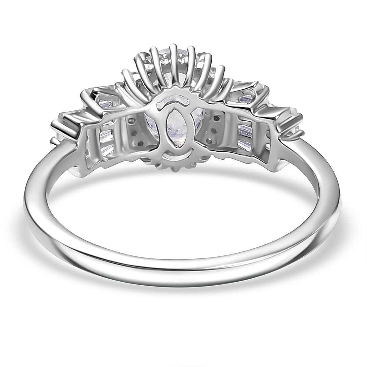 D'joy Rainbow Moonstone & White Zircon Ring in Rhodium Overlay Sterling Silver 2.08 Ct.