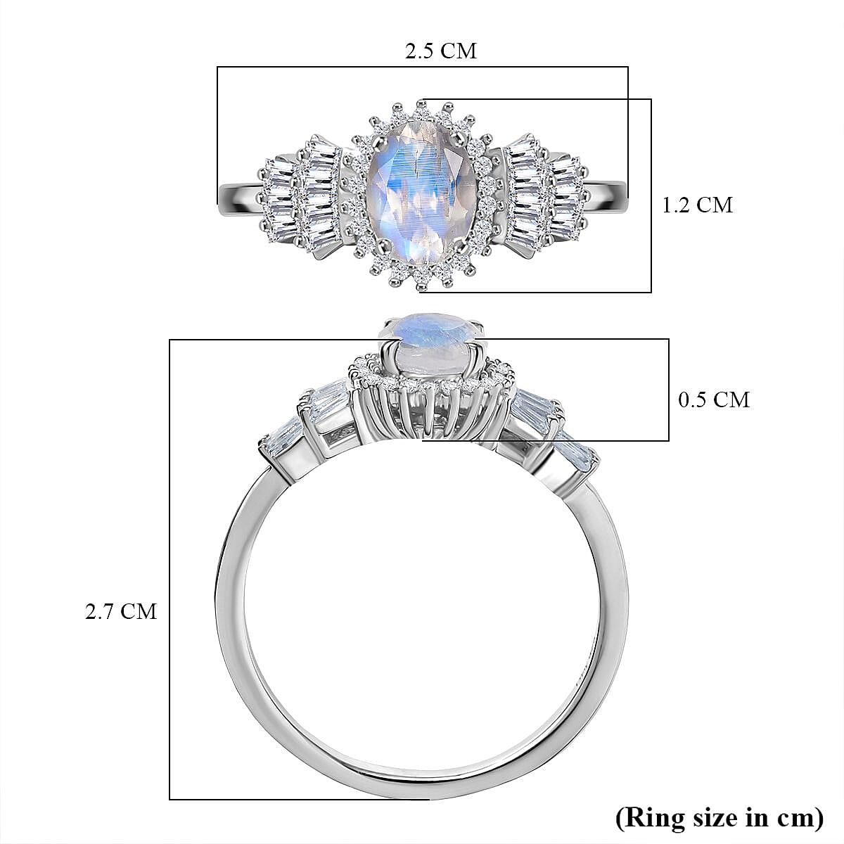 D'joy Rainbow Moonstone & White Zircon Ring in Rhodium Overlay Sterling Silver 2.08 Ct.