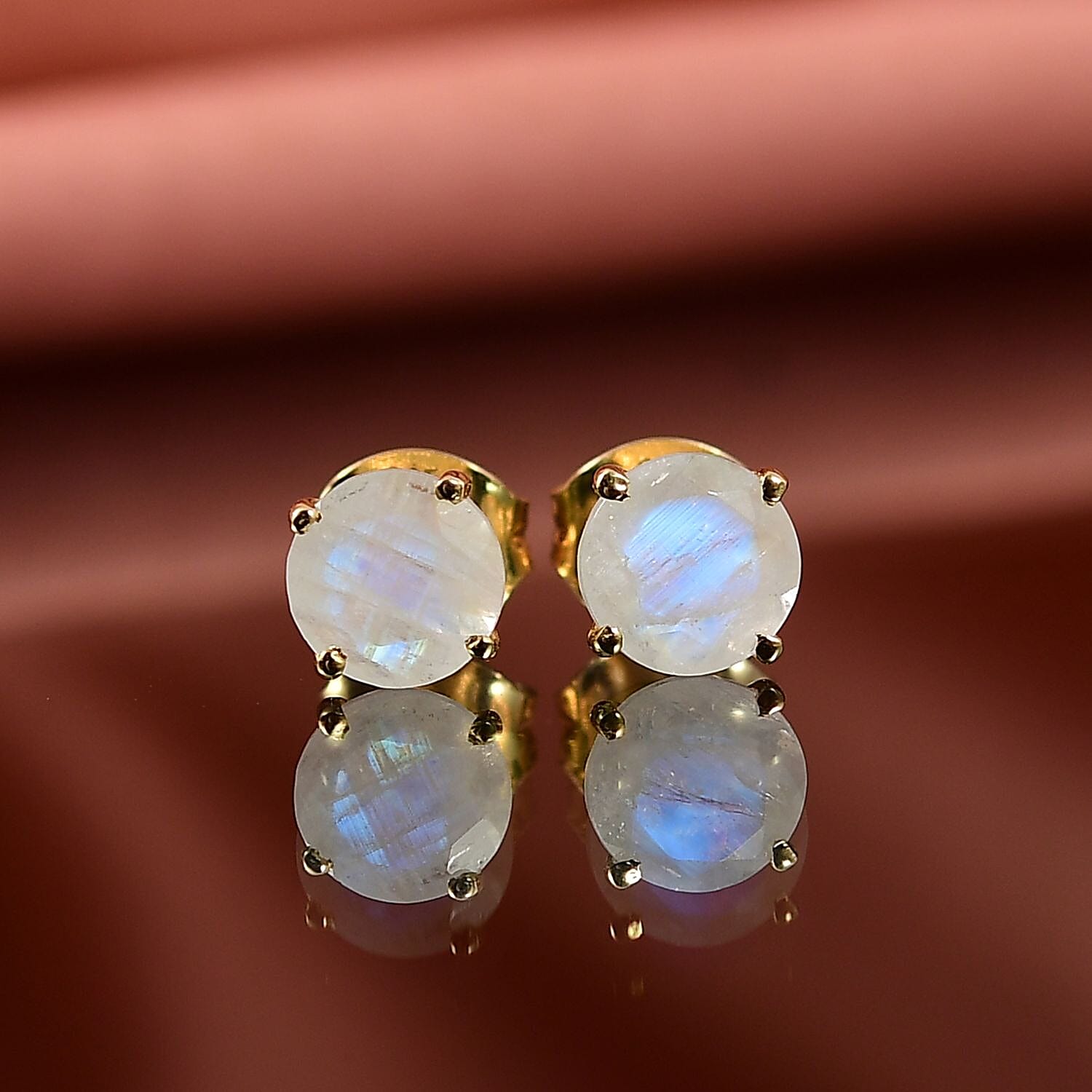 Rainbow Moonstone Push Post Earring in 14K Yellow Gold Plated Sterling Silver 1.63 Ct.
