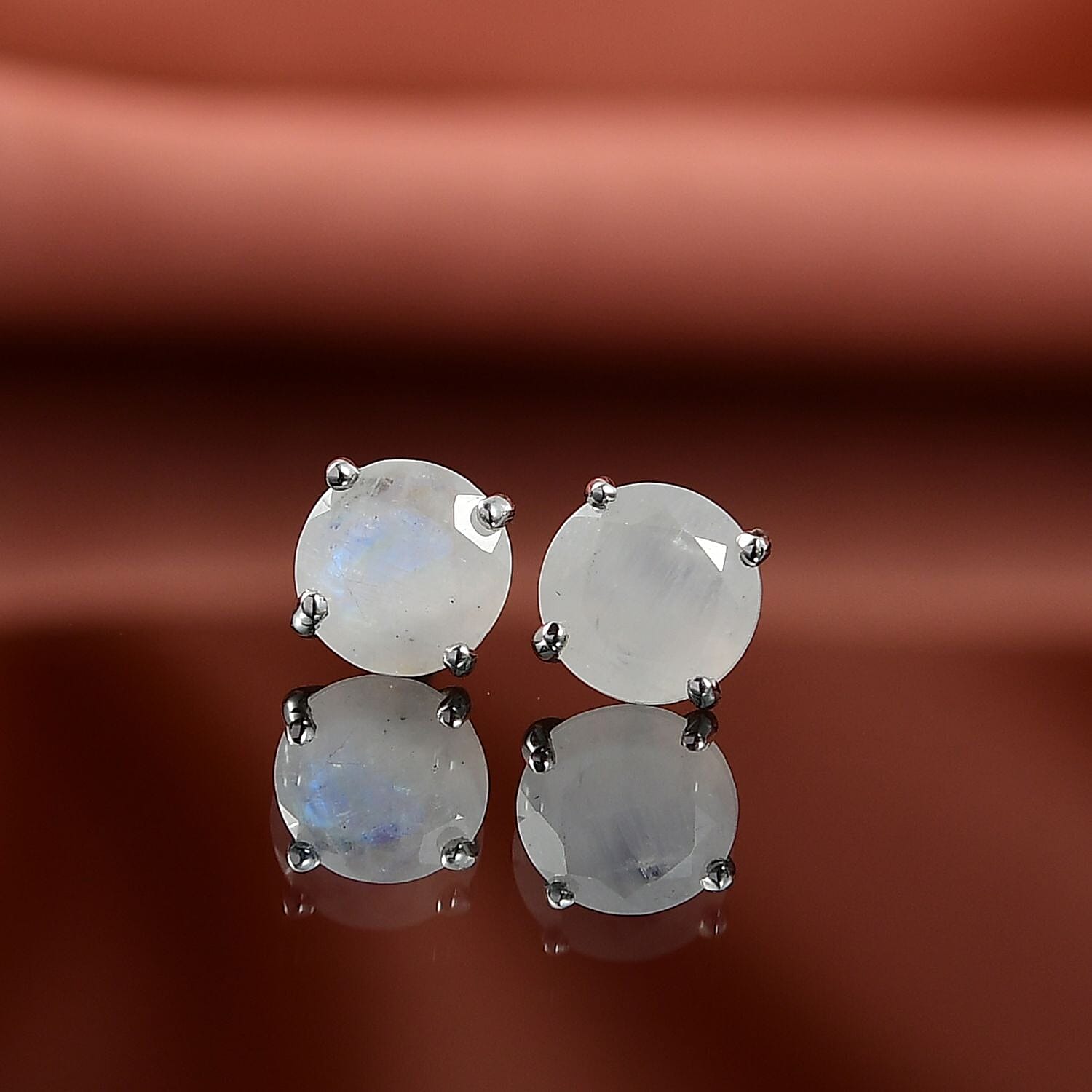 Rainbow Moonstone Push Post Earring in Platinum Overlay Sterling Silver 1.63 Ct.
