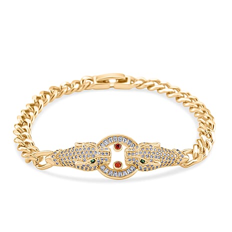 Designer Inspired - White Cubic Zirconia & Green Cubic Zirconia Double Panther Bracelet (Size - 7.25 with Ext)