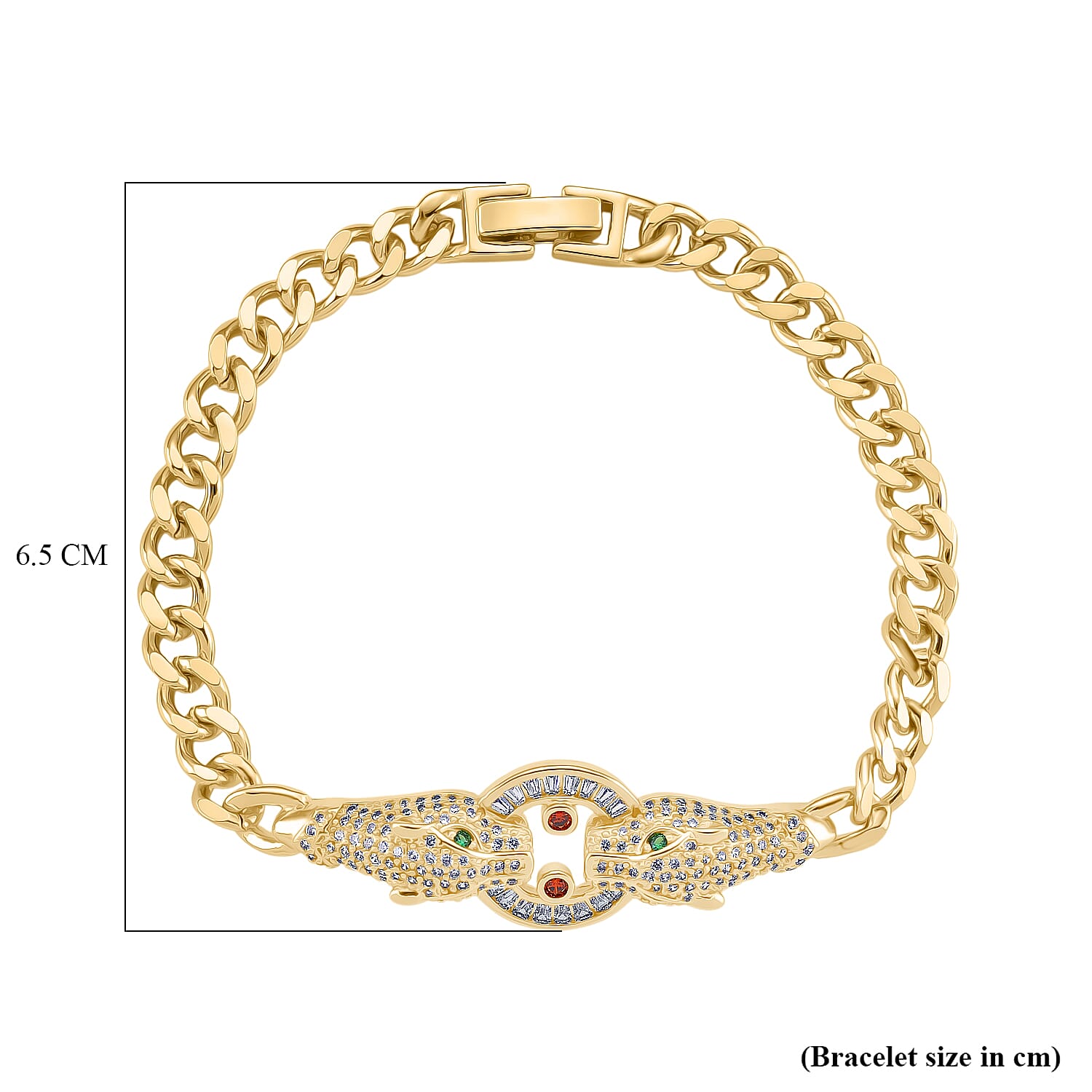Designer Inspired - White Cubic Zirconia & Green Cubic Zirconia Double Panther Bracelet (Size - 7.25 with Ext) in Gold Tone Designer Inspired - White Cubic Zirconia & Green Cubic Zirconia Double Panther Bracelet (Size - 7.25 with Ext) in Gold Tone