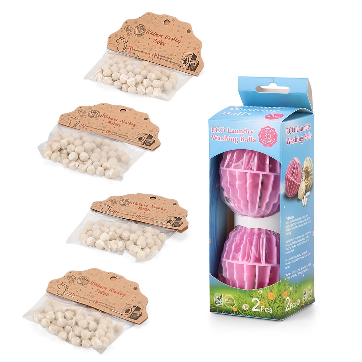 NEW Rose Fragrance Laundry Washing Balls with 4 Pack Replacement | Non-Detergent System for 90 Washes - Pink