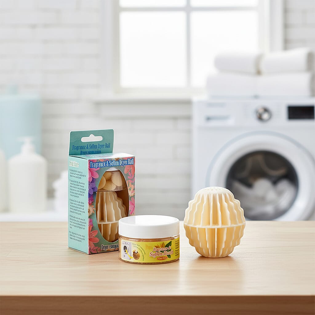 NEW Freesia Scented White Dryer Balls with Beige Beads | Reusable Fragrance Laundry System for 30 Uses