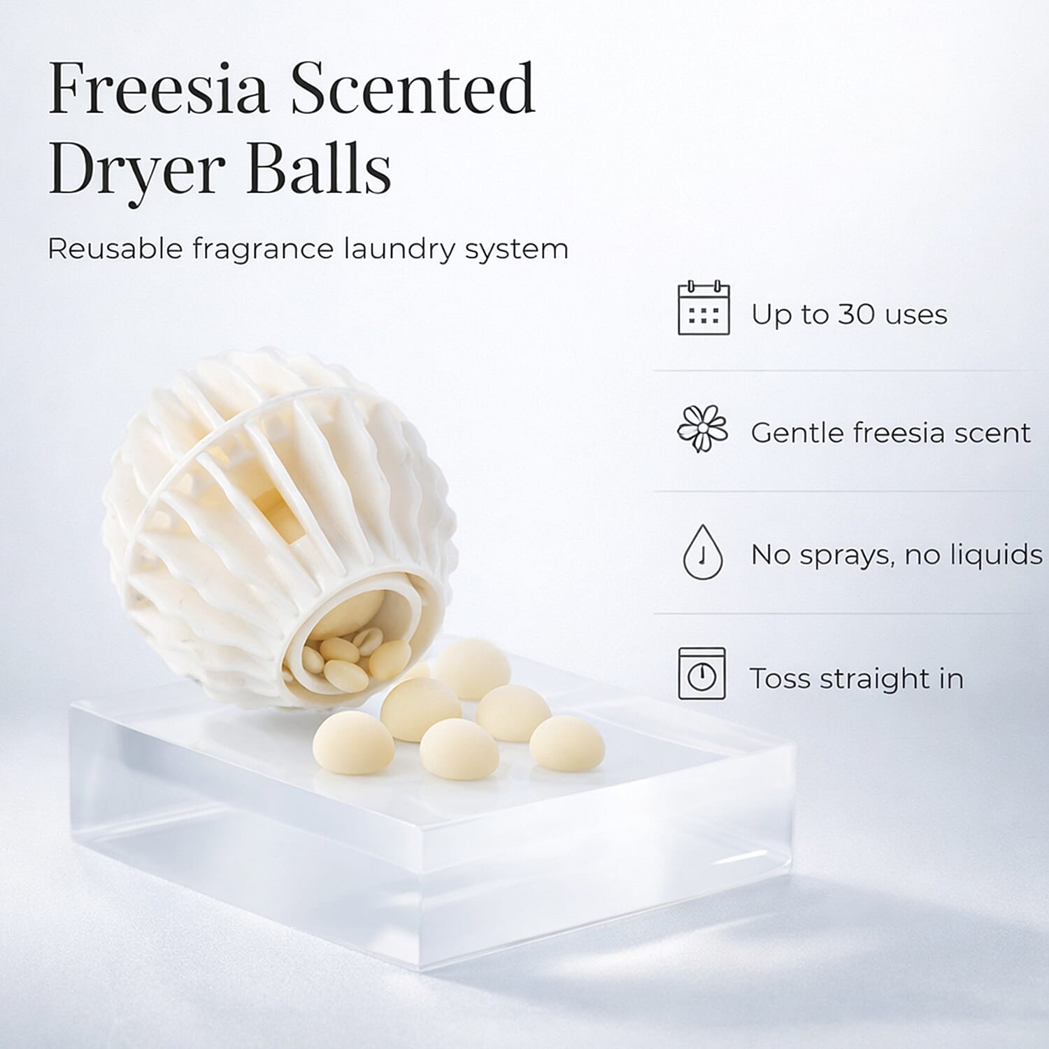 NEW Freesia Scented White Dryer Balls with Beige Beads | Reusable Fragrance Laundry System for 30 Uses