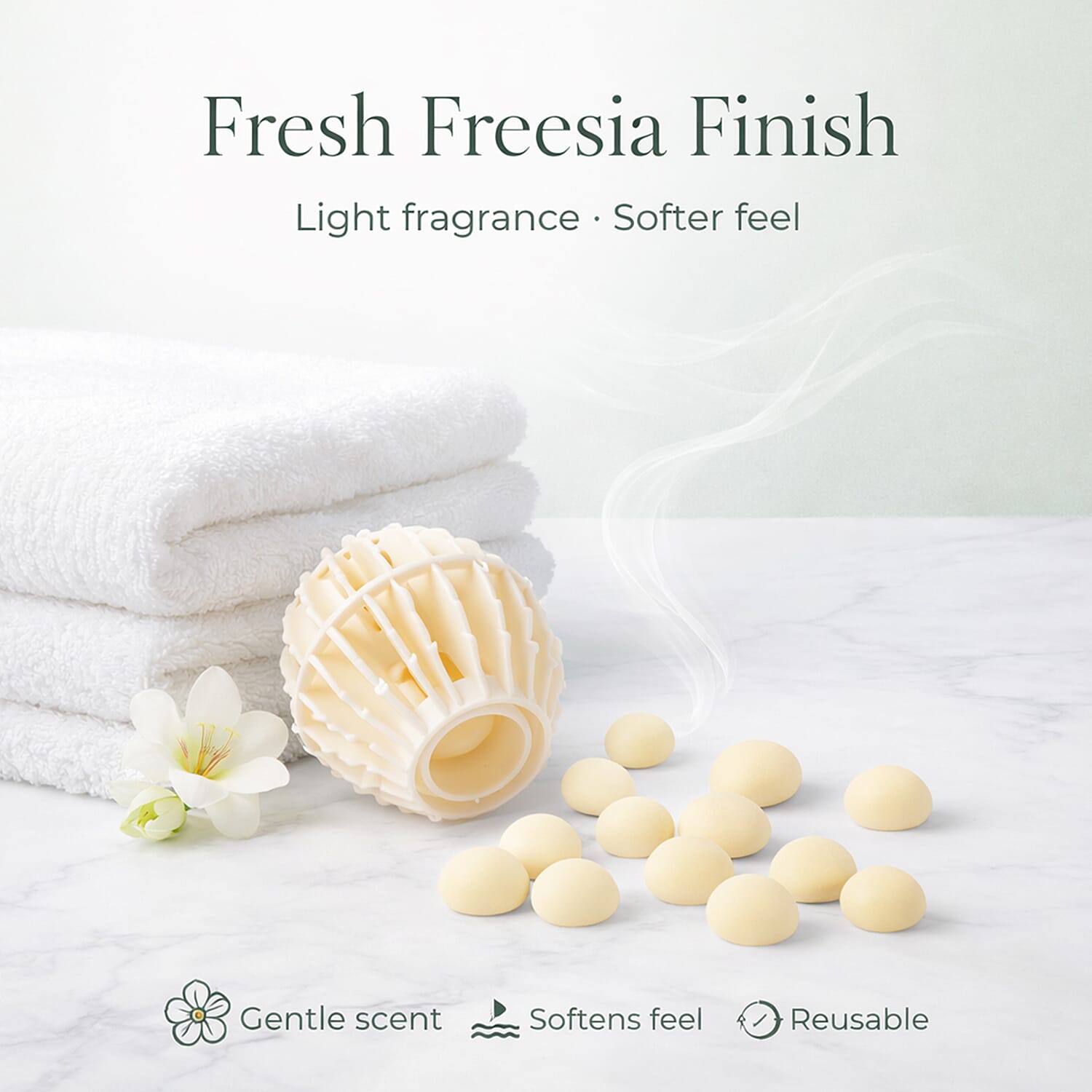 NEW Freesia Scented White Dryer Balls with Beige Beads | Reusable Fragrance Laundry System for 30 Uses